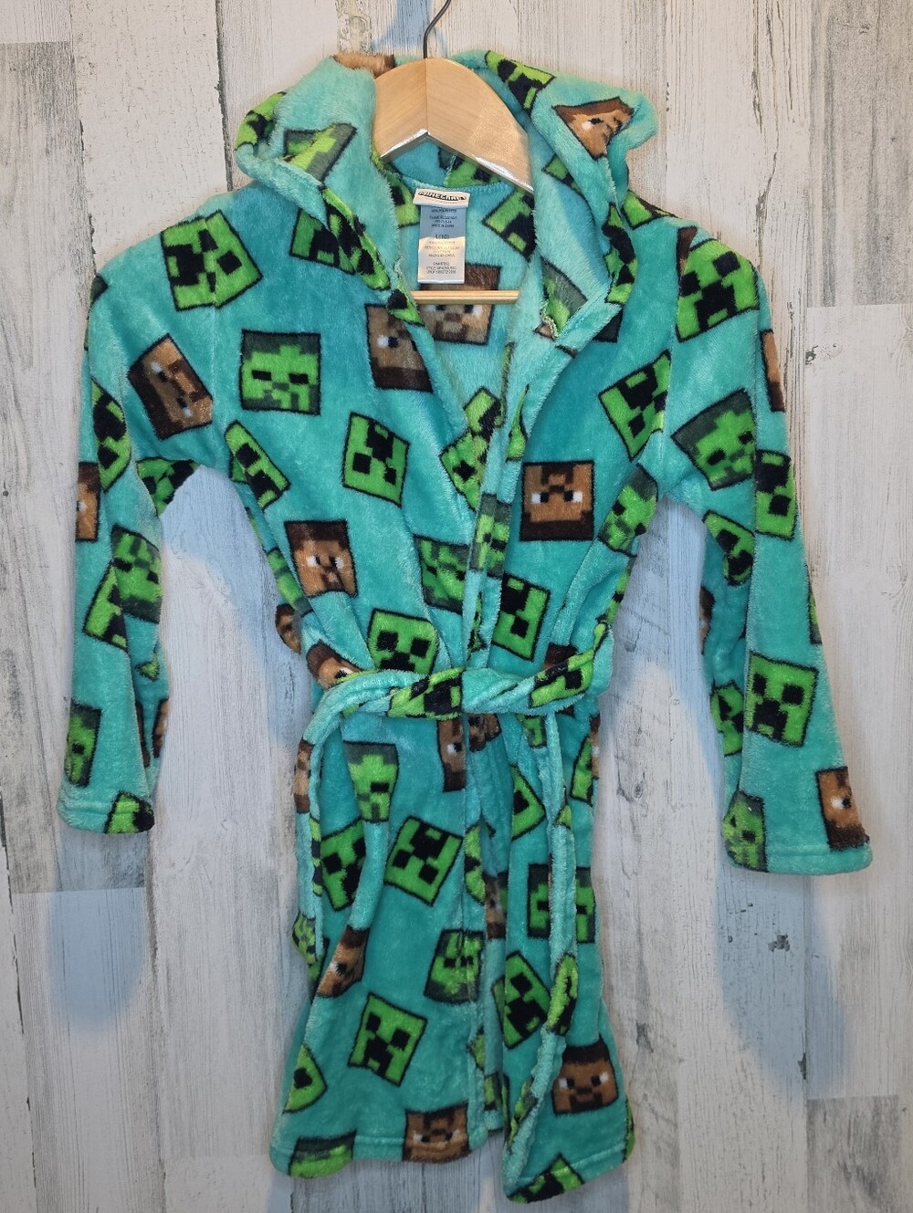 Minecraft Kids Robe Size L 10 Creeper Steve Plush Fleece Hooded Bathrobe Green
